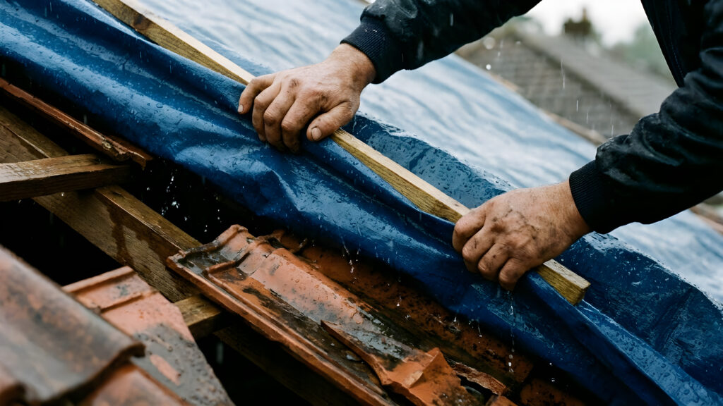 emergency roof repair Toronto fixing roof leak and damaged shingles by professional roofer