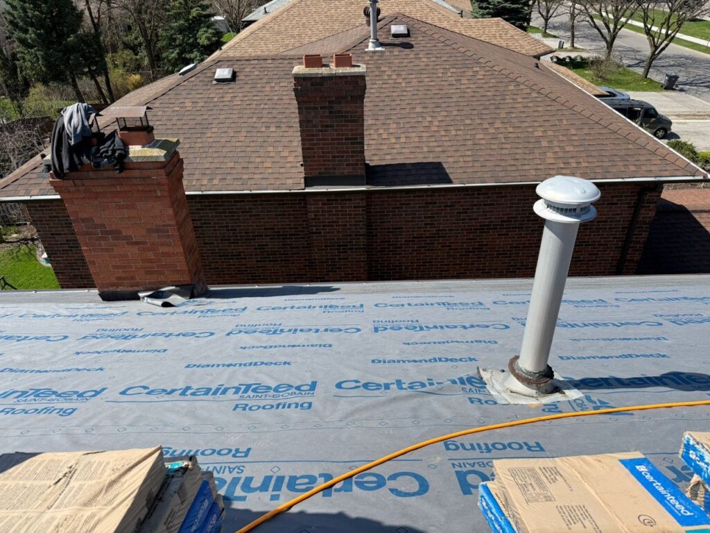 Roof deck preparation before roof repair and shingle installation in North York