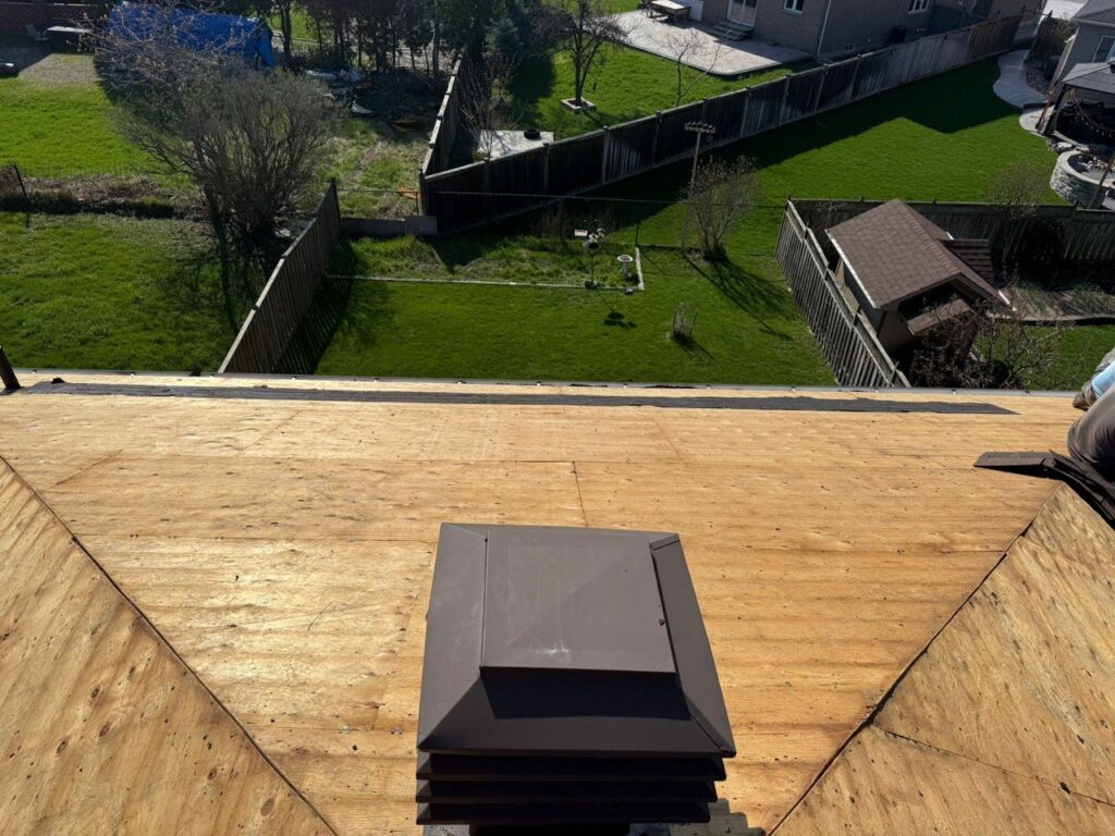 Roof vent installation in progress in North York with waterproof underlayment and new vent placement by Expert Roofers LTD.