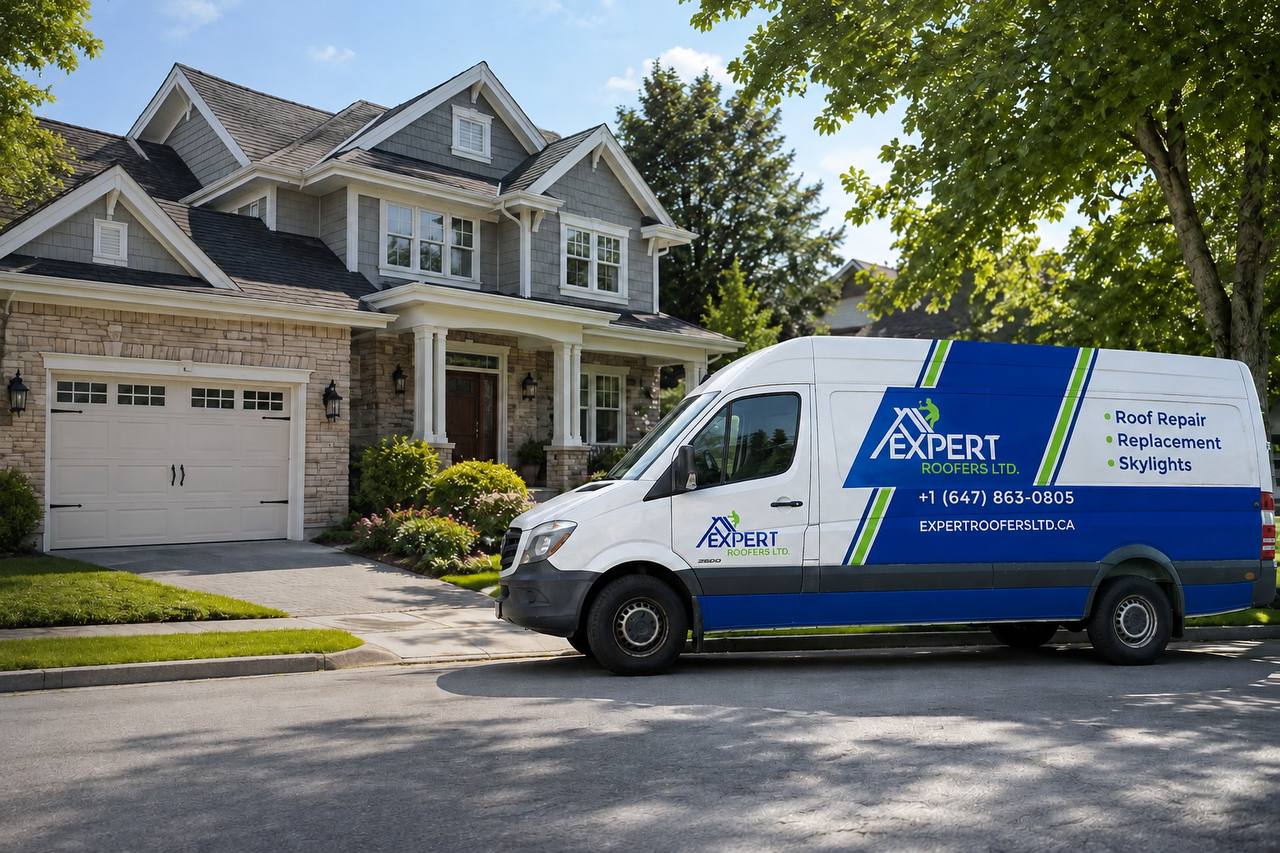 Expert Roofers LTD roofing service van in Toronto providing roof repair, roof replacement and skylight services.