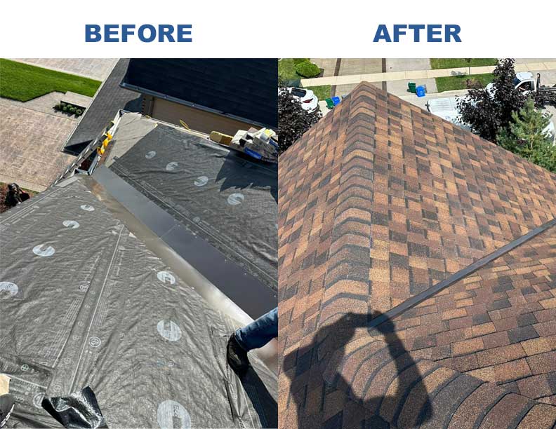 Professional roofers installing asphalt shingles on a residential roof