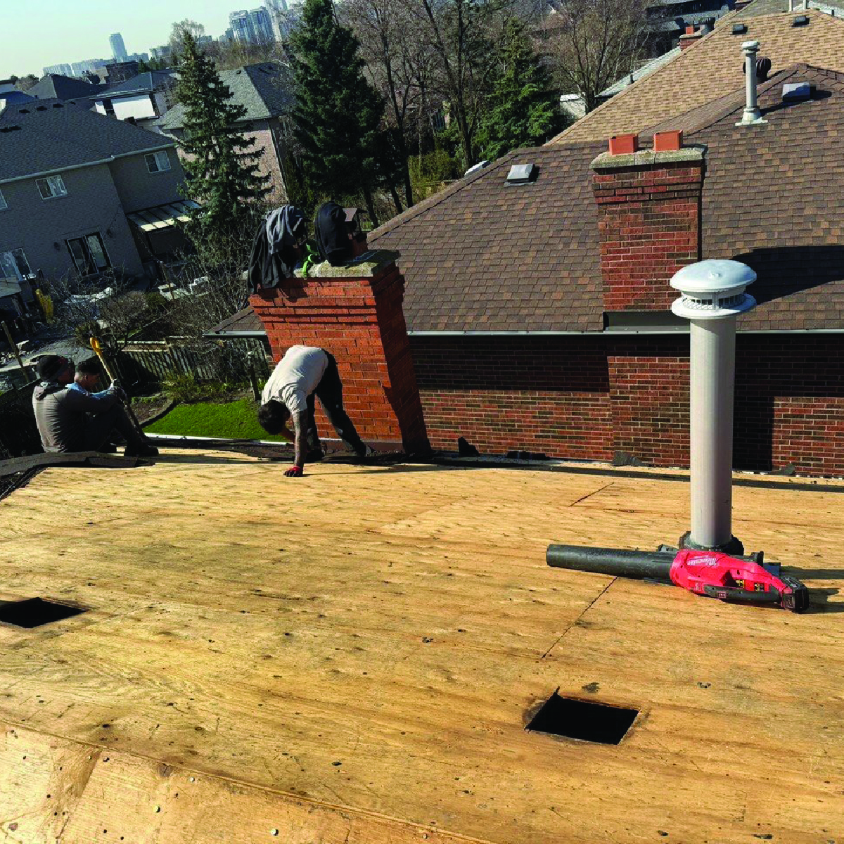 Roof deck repair in progress on a Thornhill home