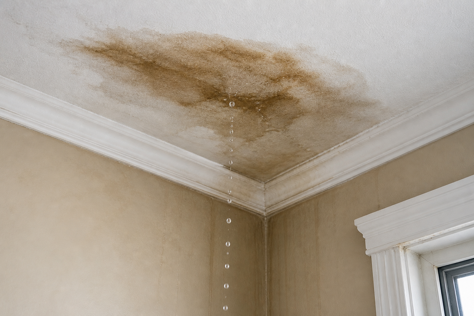 Ceiling water damage caused by a leaking roof in Toronto
