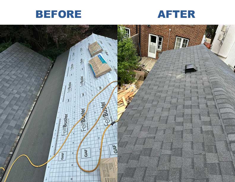 Before and after asphalt shingle roof repair by Expert Roofers LTD
