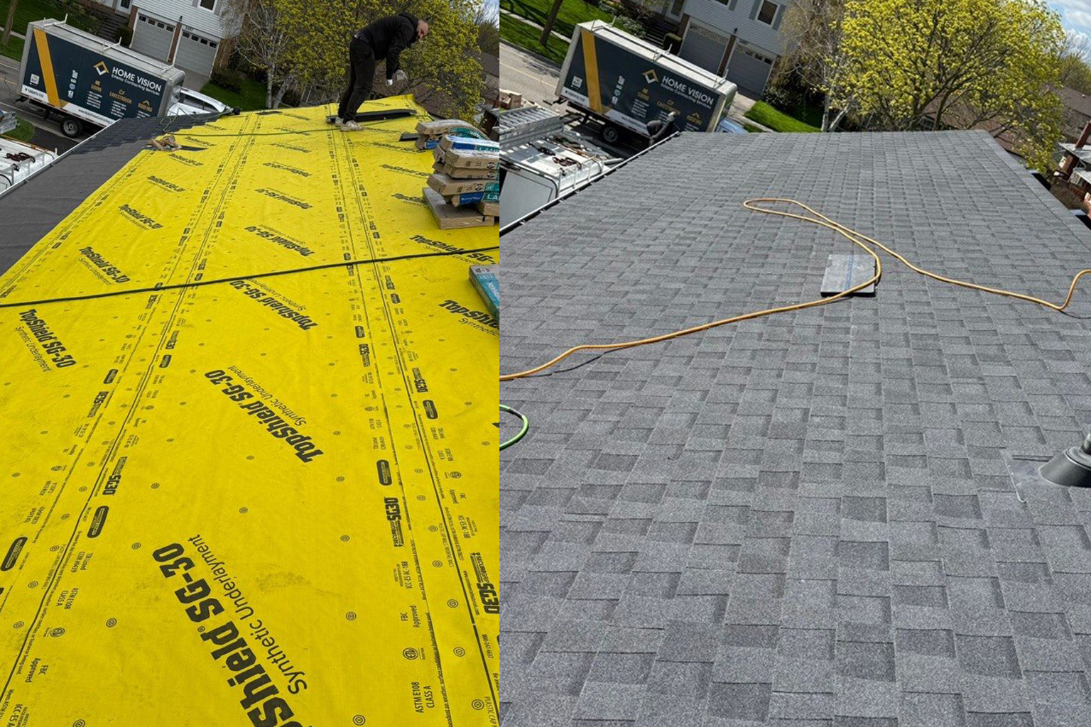 Roof repair process showing underlayment and asphalt shingles in Toronto
