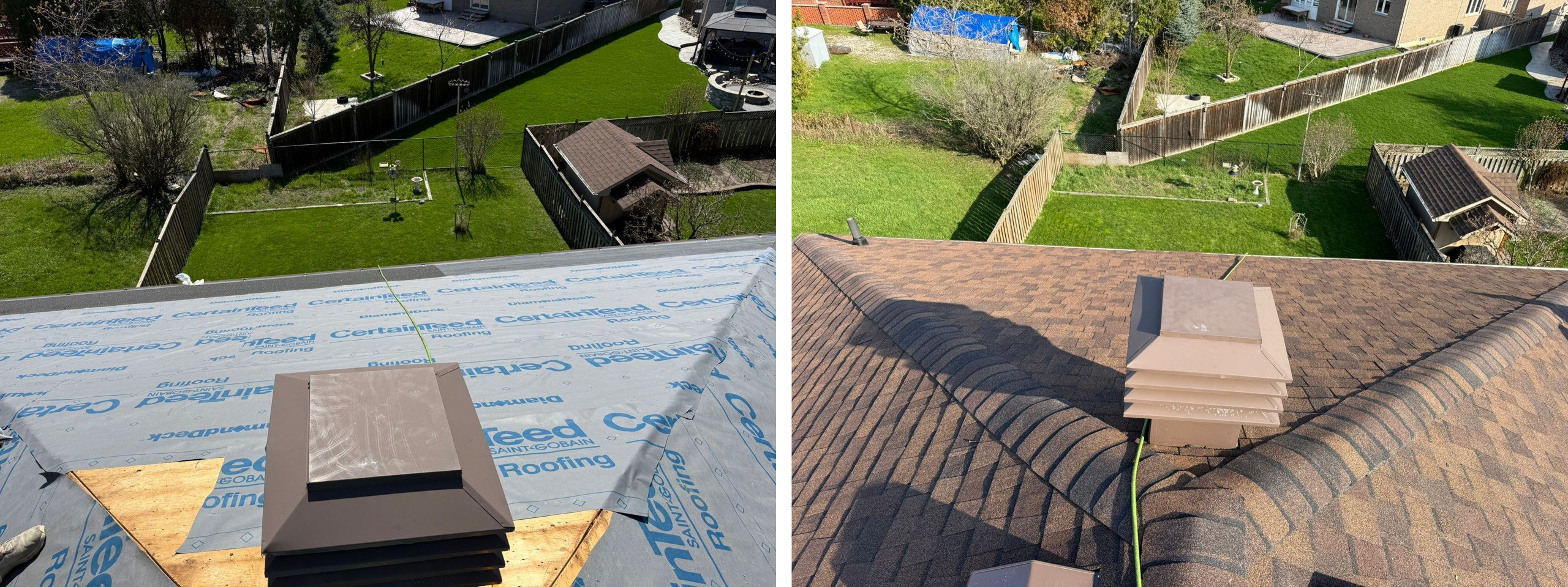 Roof vent installation before and after on a shingle roof in Toronto