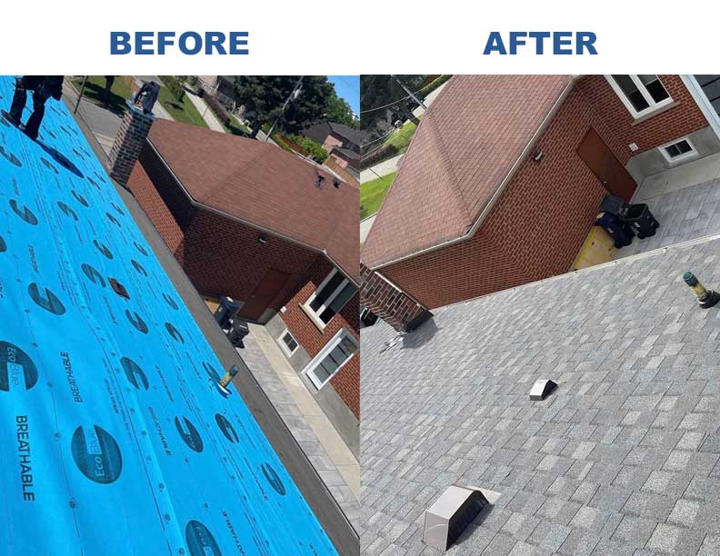 Before and after residential asphalt shingle roof replacement
