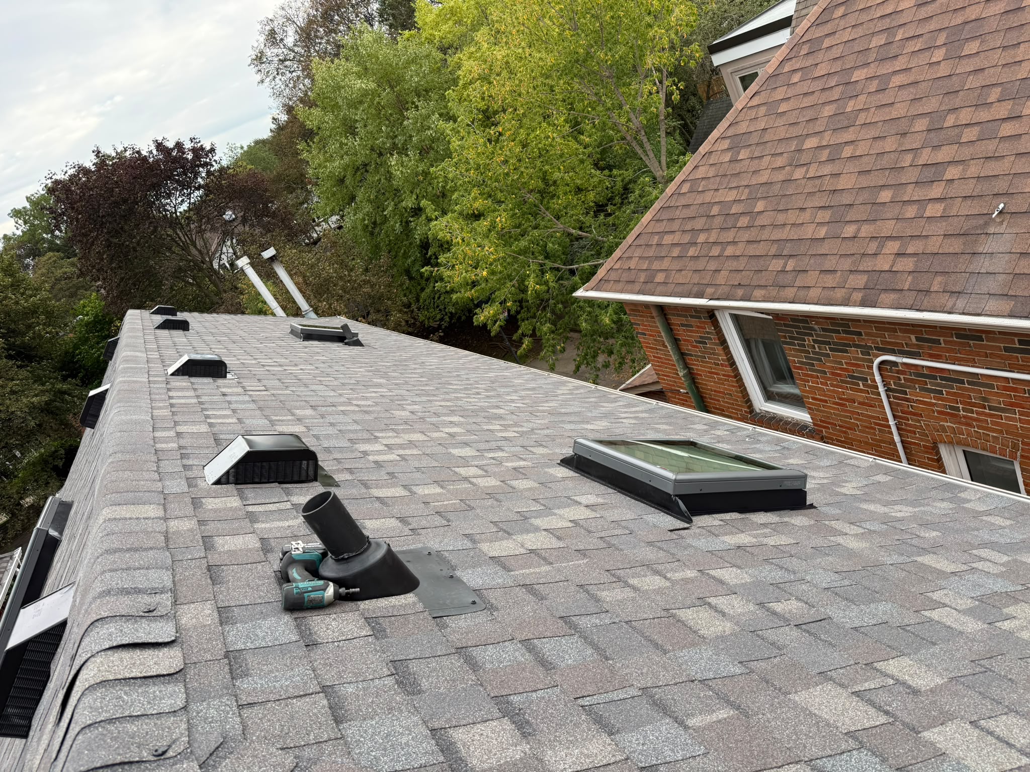 Grey asphalt shingle roof with a skylight, roof vents, and pipe flashing