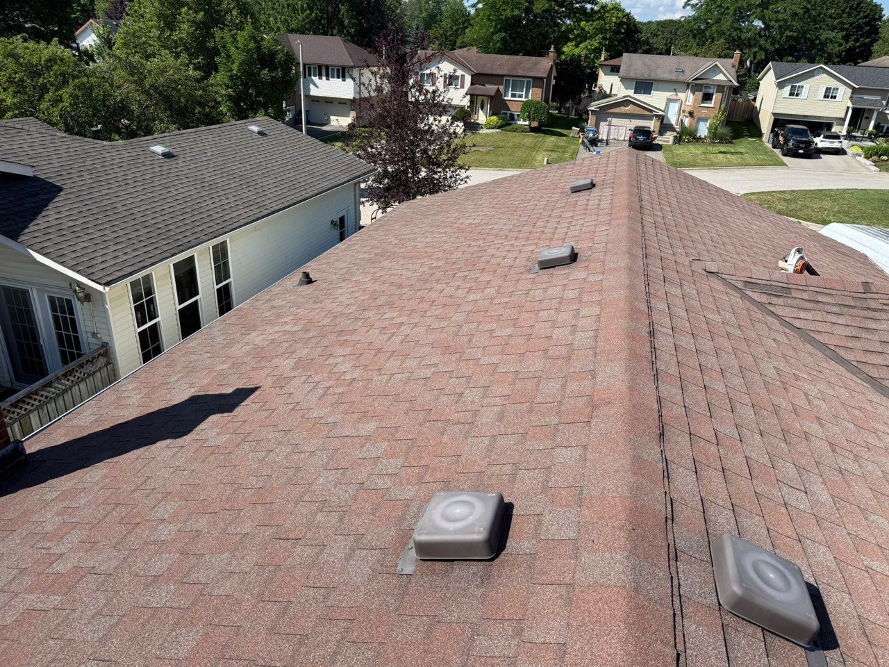 Brown asphalt shingle roof with several box vents and ridge cap shingles