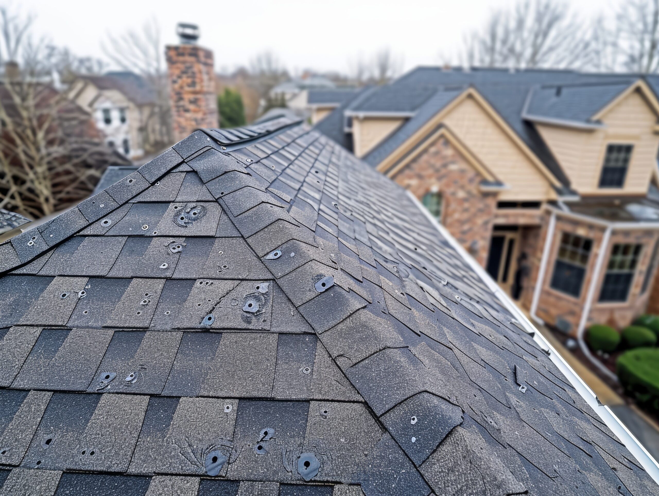 Grey asphalt roof shingles with visible surface damage near the roof ridge
