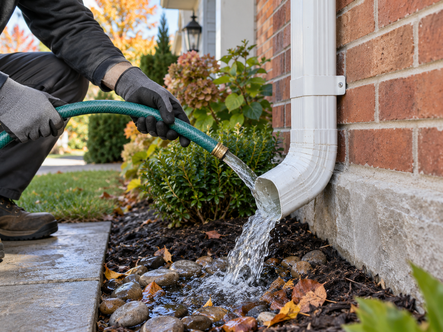 Professional clearing a residential downspout to improve water flow in Toronto