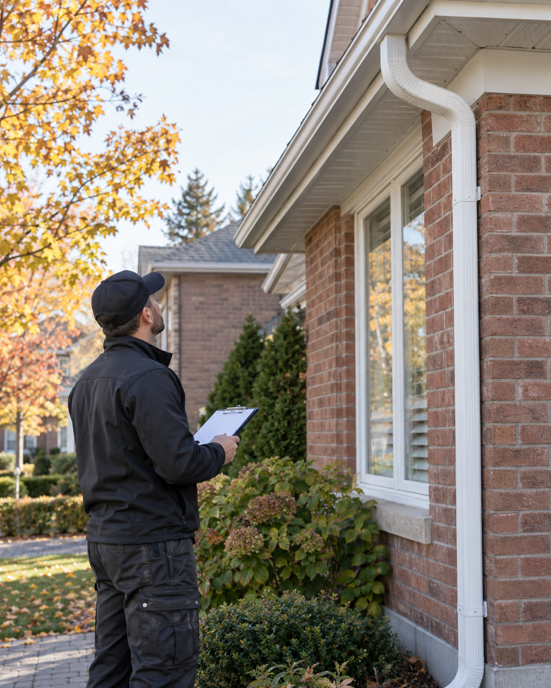 Professional assessing a residential eavestrough and downspout in Toronto