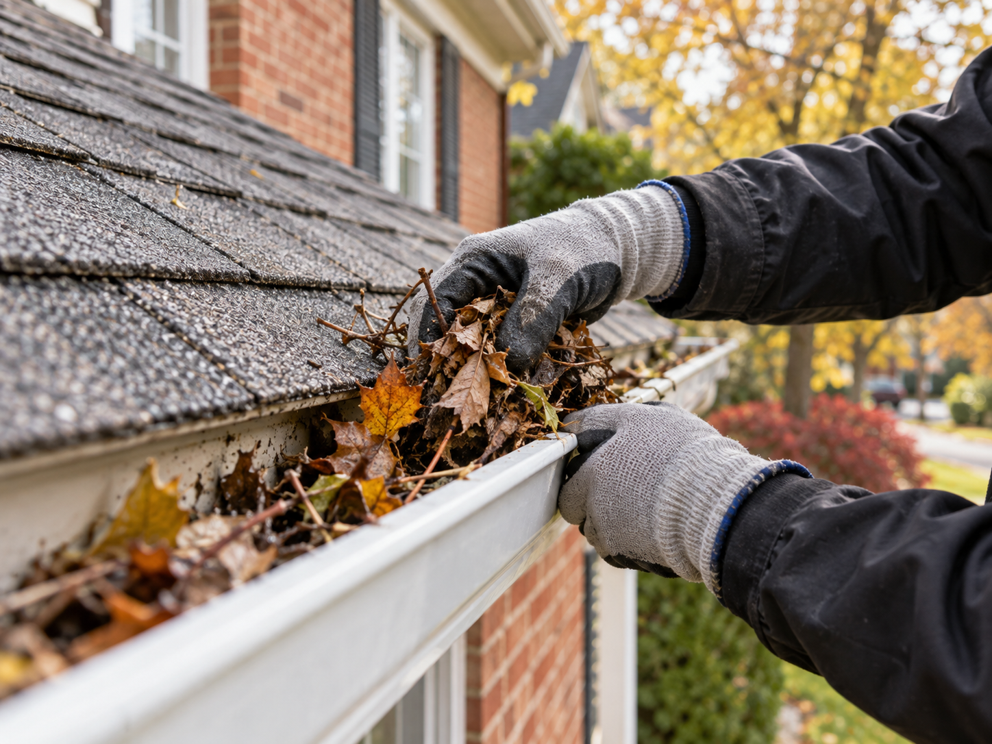 Eavestrough Cleaning Toronto - professional clearing leaves from a residential eavestrough