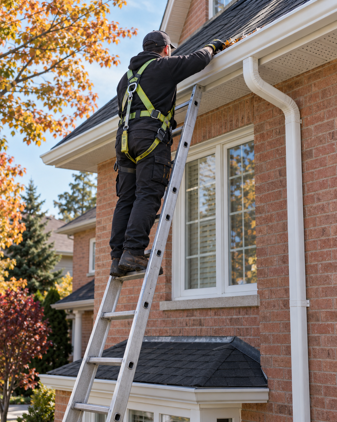 Safety-equipped professional cleaning a residential eavestrough from a ladder in Toronto