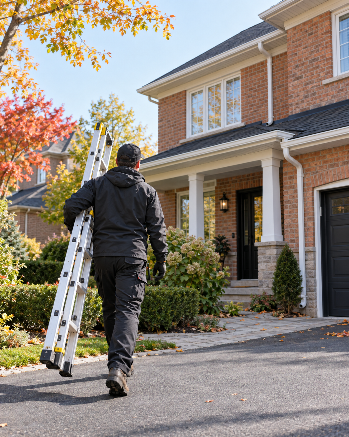 Professional arriving at a Toronto home with a ladder for eavestrough cleaning service