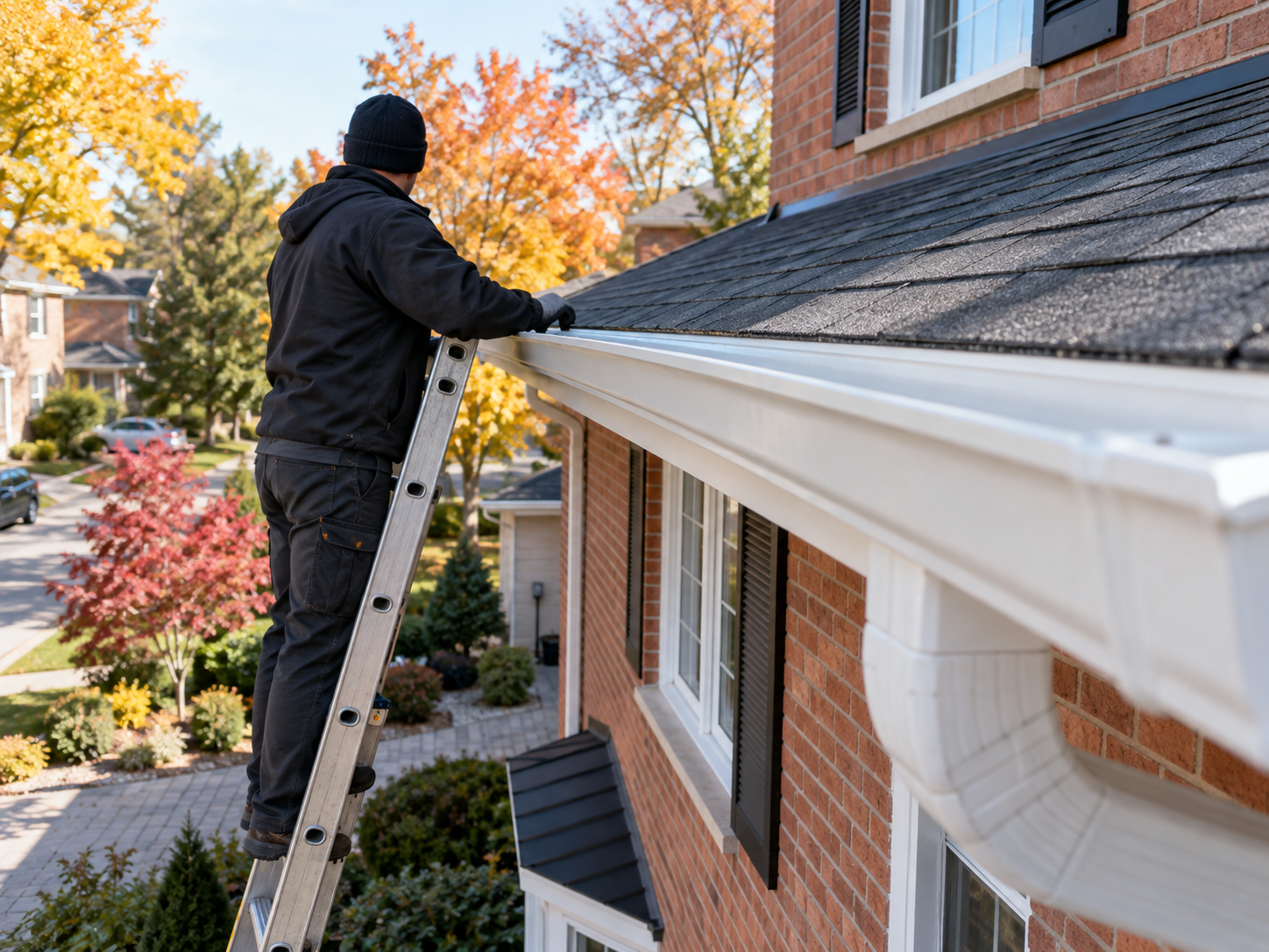 Professional inspecting a clean residential eavestrough from a ladder in Toronto